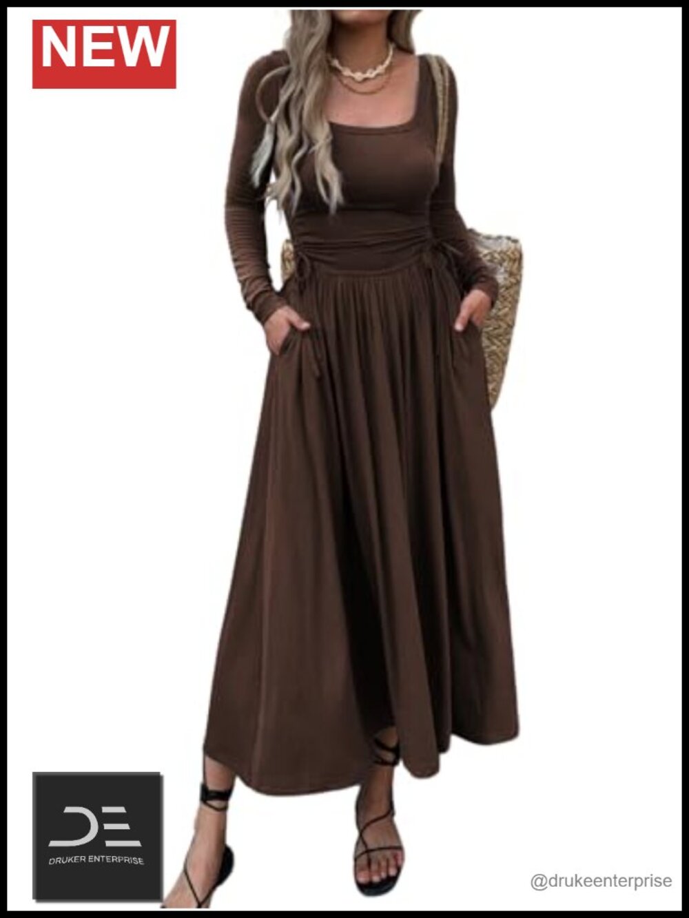 Long Sleeve Square Neck Maxi Dress with Pockets Adjustable Waist Tie